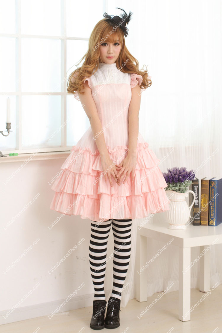 Pink Stand Collar Short Sleeves Multilayer Sweet Lolita Dress