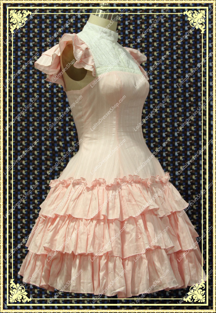 Pink Stand Collar Short Sleeves Multilayer Sweet Lolita Dress