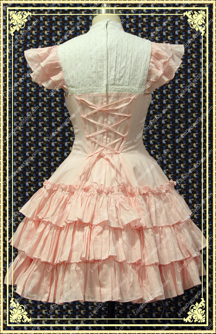 Pink Stand Collar Short Sleeves Multilayer Sweet Lolita Dress