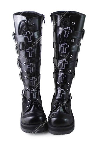 Black Belt Buckle 2 Inches Heel-height PU Gothic Lolita Boots