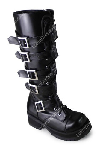 Black Belt Buckle 2 Inches Heel-height PU Gothic Lolita Boots