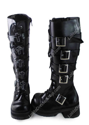 Black Belt Buckle 2 Inches Heel-height PU Gothic Lolita Boots