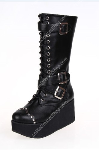 New Style Strappy Black PU Gothic Lolita Boots