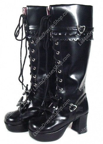 Black Double-Round Straps PU Gothic Lolita Boots