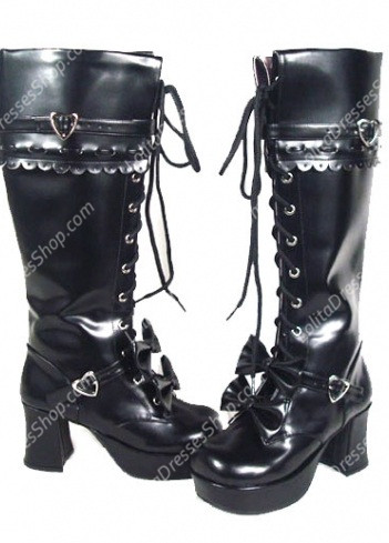 Black Double-Round Straps PU Gothic Lolita Boots