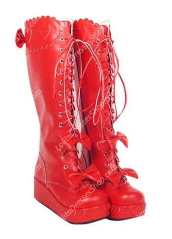 Red Strappy Bowknots Heart-Shaped PU Gothic Lolita Boots