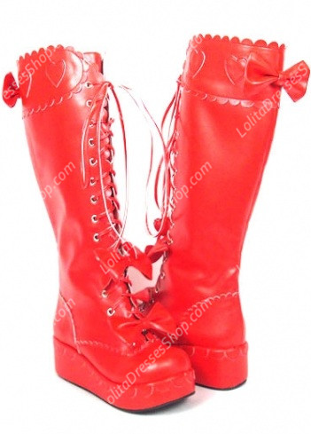 Red Strappy Bowknots Heart-Shaped PU Gothic Lolita Boots