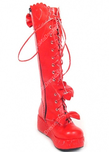 Red Strappy Bowknots Heart-Shaped PU Gothic Lolita Boots