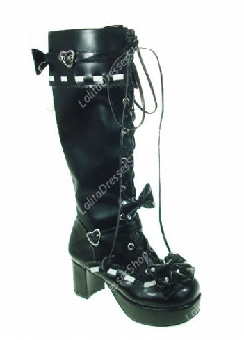 Black Strappy Bowknots Heart-Shaped PU Gothic Lolita Boots