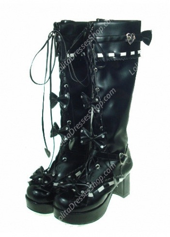 Black Strappy Bowknots Heart-Shaped PU Gothic Lolita Boots