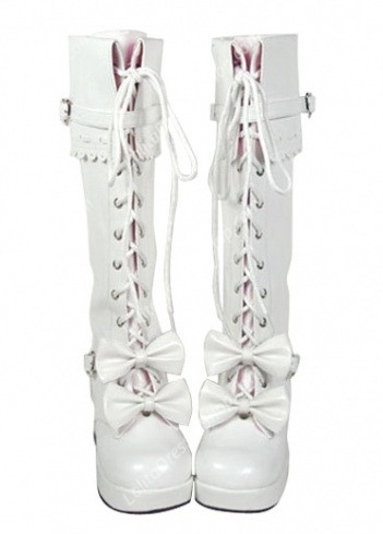 Cheap White Strappy Bowknots Heart Shaped PU Gothic Lolita Boots