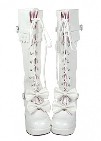 White Strappy Bowknots Heart-Shaped PU Gothic Lolita Boots