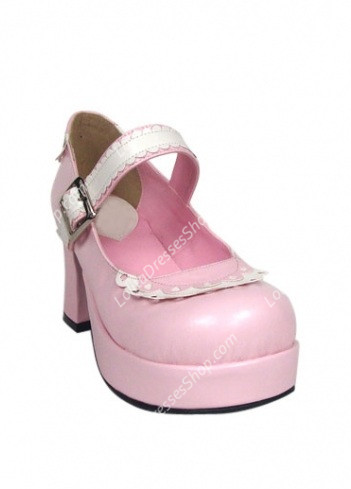 Cute Pink PU and White Lace Lolita Shoes