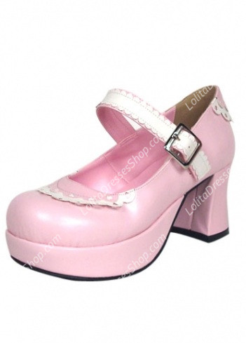 Cute Pink PU and White Lace Lolita Shoes