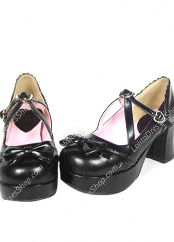 Elegant Cute PU Black Ladies Bow Lolita Shoes
