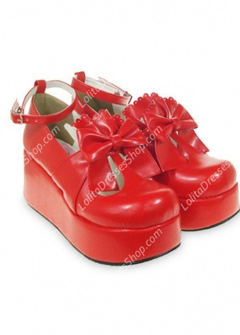 Cute PU Red High Heel Bowknot Buckle Straps Lolita Shoes