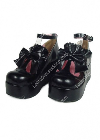 Elegant Cute PU Black High Heel Bowknot Buckle Straps Lolita Shoes