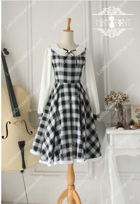 Vintage White and Black Round Neck Long Sleeves Lattice Fashion Lolita Dress