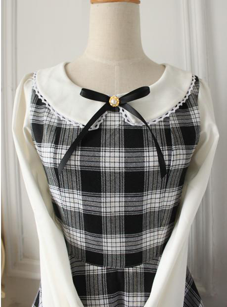 Vintage White and Black Round Neck Long Sleeves Lattice Fashion Lolita Dress