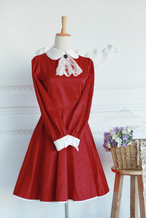 Red Cotton Doll Collar Long Sleeves Fashion Lolita Dress