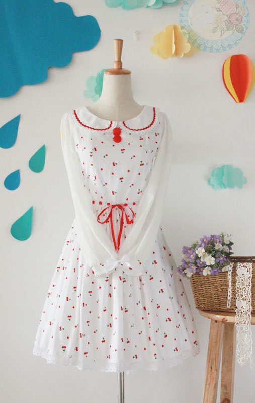 White Cotton Round Neck Cherry Fashion Lolita Dress