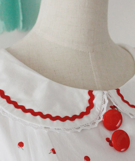 White Cotton Round Neck Cherry Fashion Lolita Dress