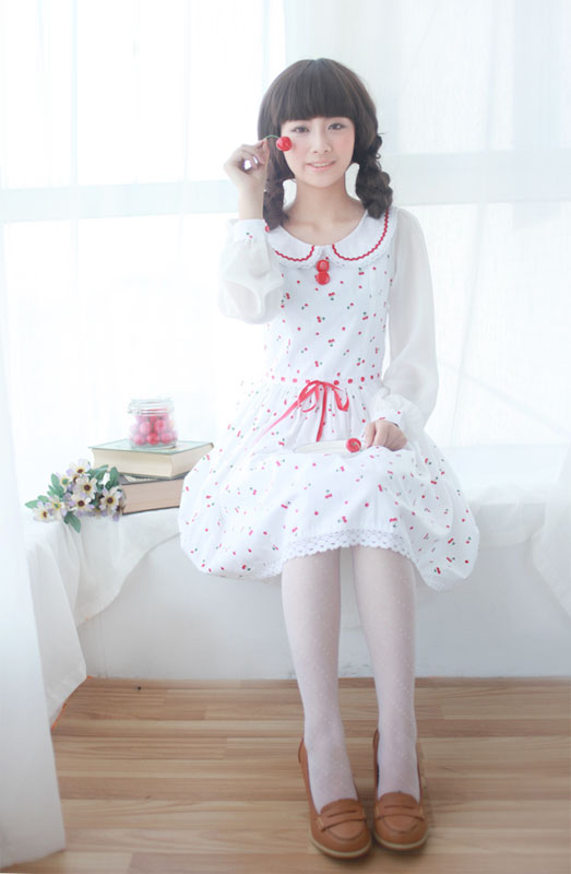 White Cotton Round Neck Cherry Fashion Lolita Dress