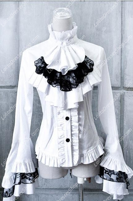 White Gothic Lace Trumpet Sleeves Flounced Collar Slim Lolita Blouse