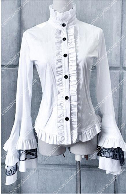 White Gothic Lace Trumpet Sleeves Flounced Collar Slim Lolita Blouse
