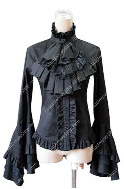 Black Gothic Lace Trumpet Sleeves Flounced Collar Slim Lolita Blouse