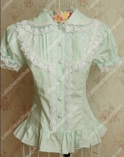 Small Fresh Green Cotton Lapel Lace Trim Lolita Blouse