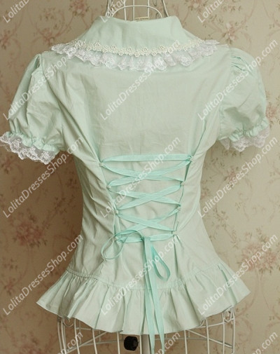 Small Fresh Green Cotton Lapel Lace Trim Lolita Blouse