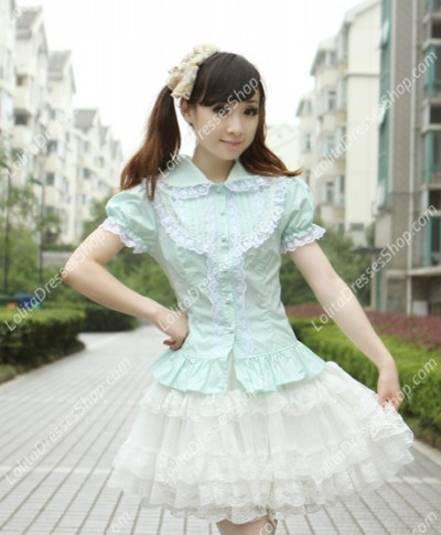 Small Fresh Green Cotton Lapel Lace Trim Lolita Blouse