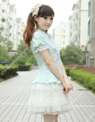 Small Fresh Green Cotton Lapel Lace Trim Lolita Blouse