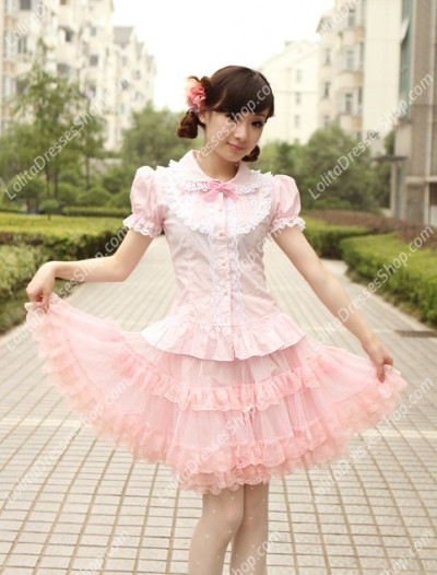 Small Fresh Pink Cotton Lapel Lace Trim Lolita Blouse