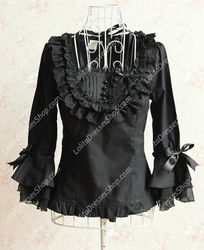 Classic Black Trumpet Sleeves Flounced Princess Quarter Sleeves Lolita Blouse