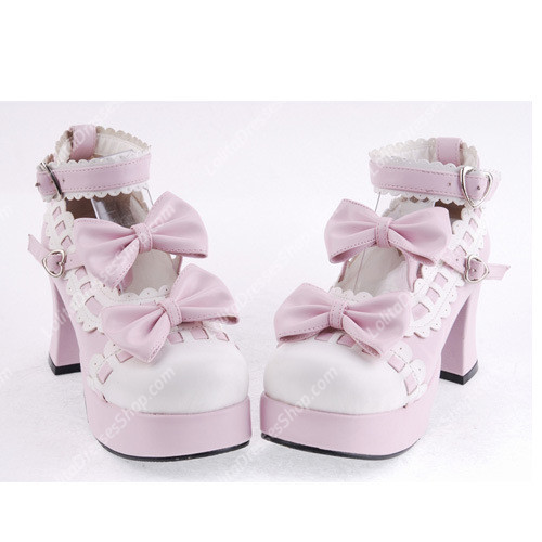 Pink with White Lace PU Sweet Lolita Shoes