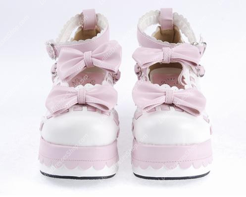 Pink and White Bowknot PU Sweet Lolita Shoes