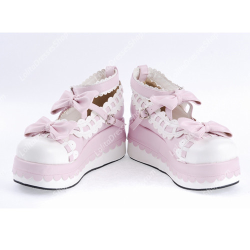 Pink and White Bowknot PU Sweet Lolita Shoes