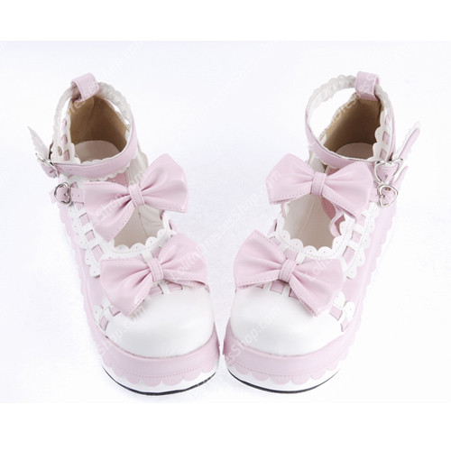 Pink and White Bowknot PU Sweet Lolita Shoes