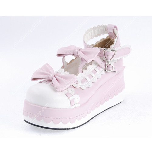 Pink and White Bowknot PU Sweet Lolita Shoes