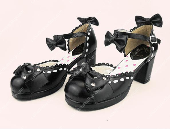 Black Sweet Princess Bowknot Rhinestone PU Lolita Shoes
