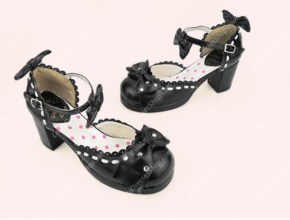 Black Sweet Princess Bowknot Rhinestone PU Lolita Shoes