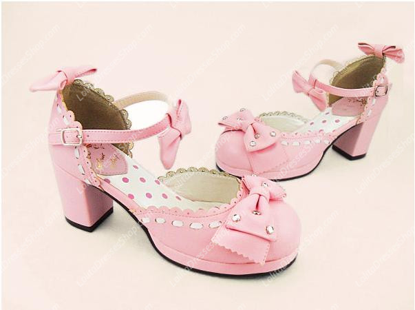 Pink Sweet Princess Bowknot Rhinestone PU Lolita Shoes