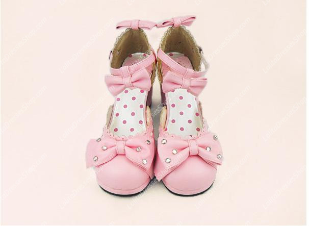 Pink Sweet Princess Bowknot Rhinestone PU Lolita Shoes