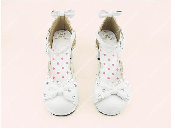 White Sweet Princess Bowknot Rhinestone PU Lolita Shoes