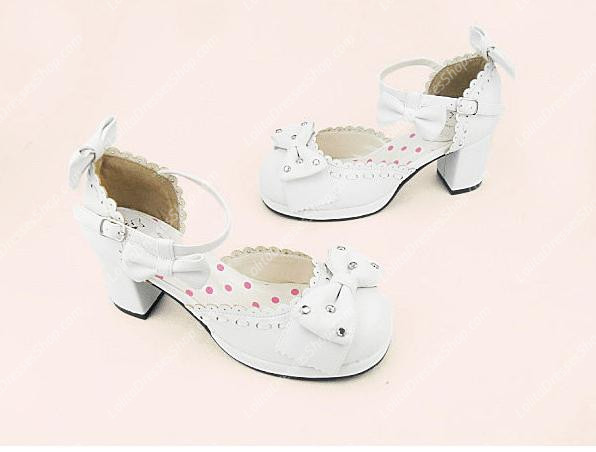 White Sweet Princess Bowknot Rhinestone PU Lolita Shoes