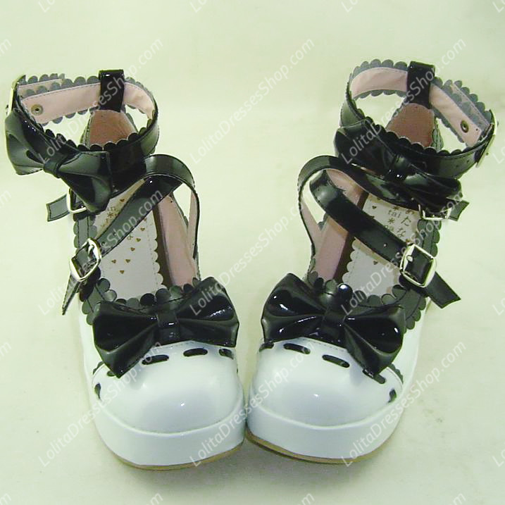 White with Black Lace High Heel PU Sweet Lolita Shoes