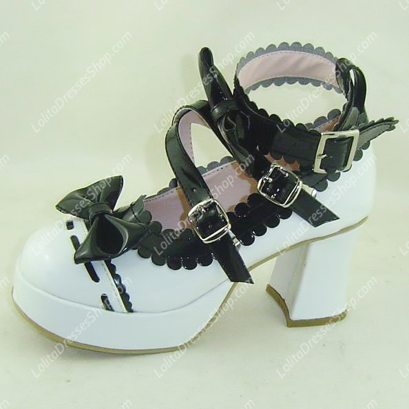 White with Black Lace High Heel PU Sweet Lolita Shoes