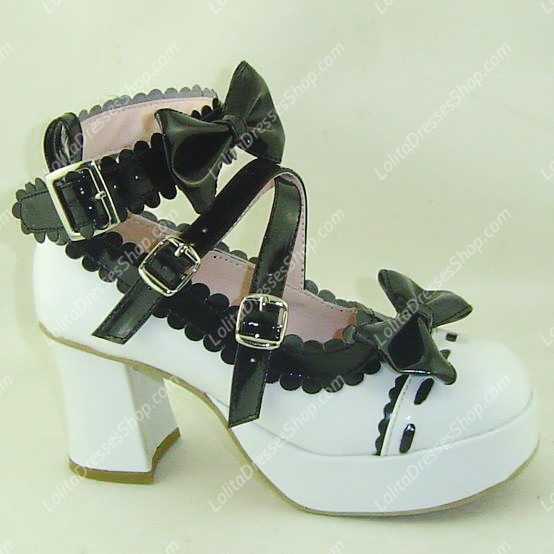 White with Black Lace High Heel PU Sweet Lolita Shoes